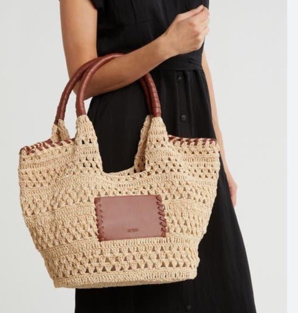 BCBGMAXAZRIA Woven Raffia Tote Bag in Natural/Cognac.